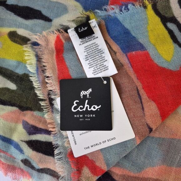Echo NY Multi Color Abstract 100% Wool Infinity Fringe Scarf Womens 30 x 80 IN - Picture 7 of 8